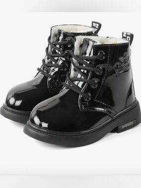 Baby Girls Black Patent Combat Boots Fur Lined Lace Up Side Zip Size 4.5